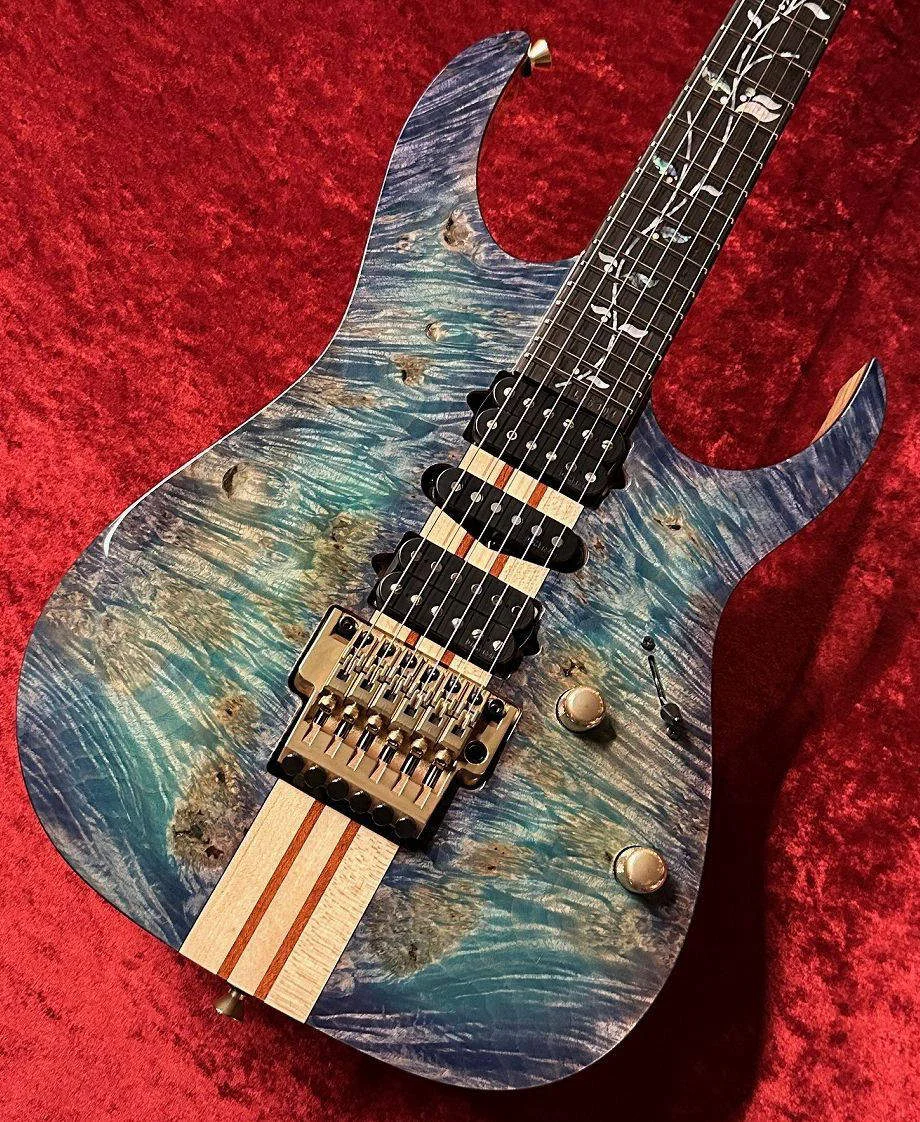 Ibanez IV2RG · Blue-green burst and natural wood · Actual instrument: body and burl angle three