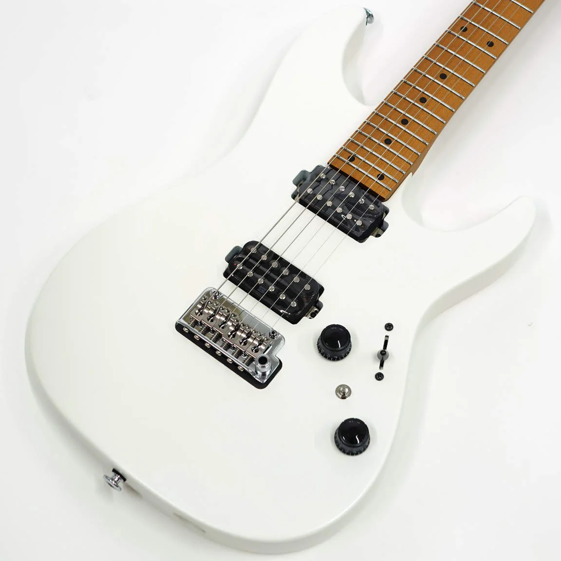 Ibanez AZ2402-PWF · Pearl White Flat · Actual instrument: angled body view