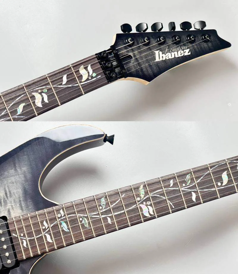 Ibanez RG8870-BRE · Black Rutile · Actual instrument: headstock and fingerboard front collage