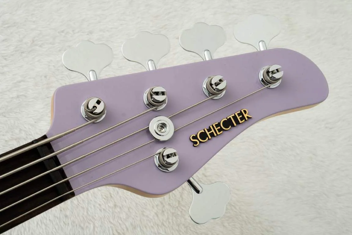 Schecter AC-EXB-5-AveMujica/Timoris/SIG · See-Through Lilac · Actual instrument, headstock front