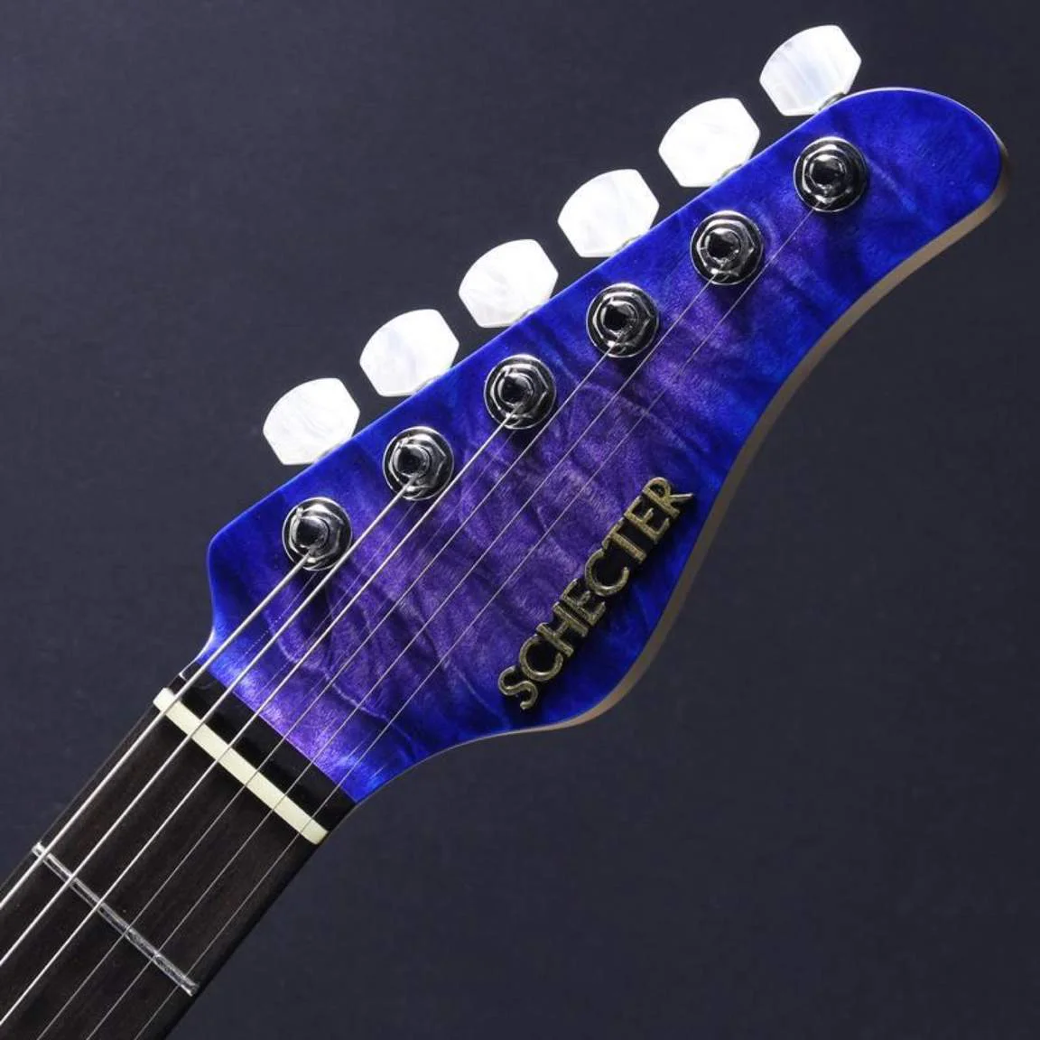 Schecter PT-24-CTM-VTR · Trans Purple Burst · Actual instrument, headstock front