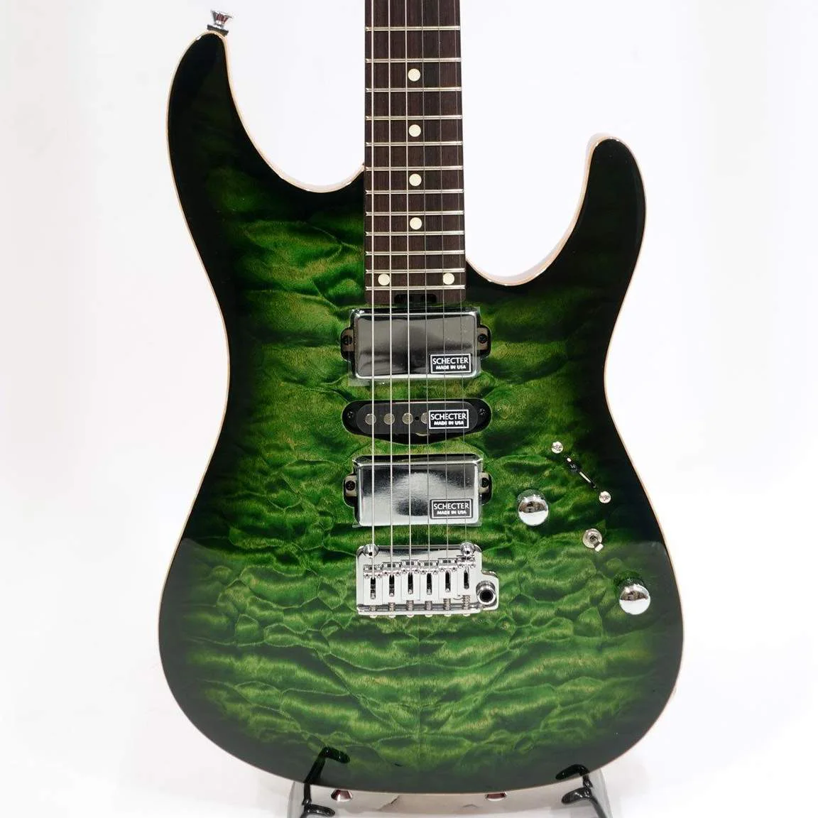 Schecter EX-5B-24-CTM-VTR · Emerald Green Burst · Actual instrument detail 1